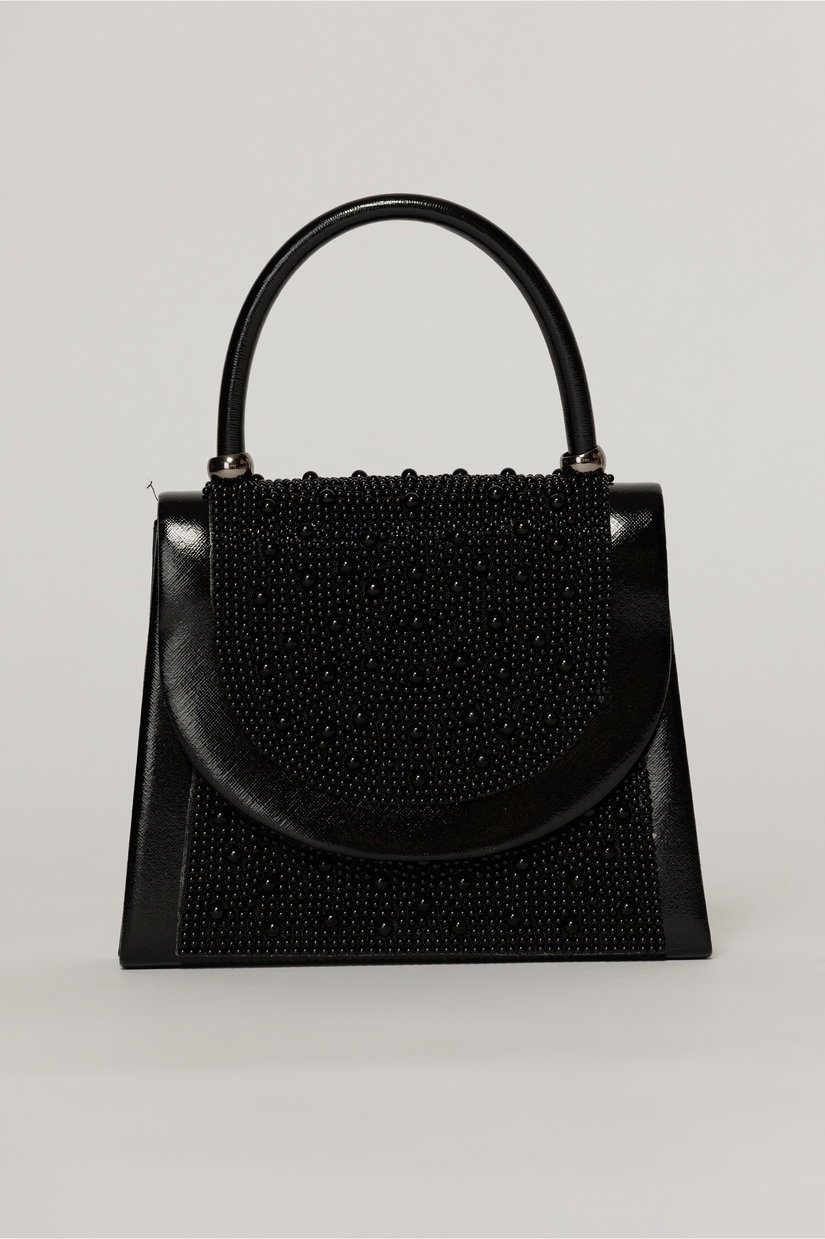 Clutch elegant negru decorat cu perle si margele