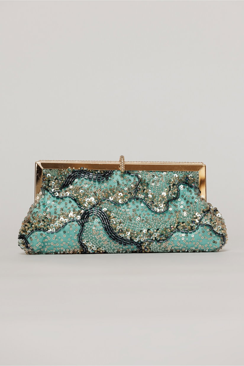 Clutch plic turcoaz cu paiete si margele