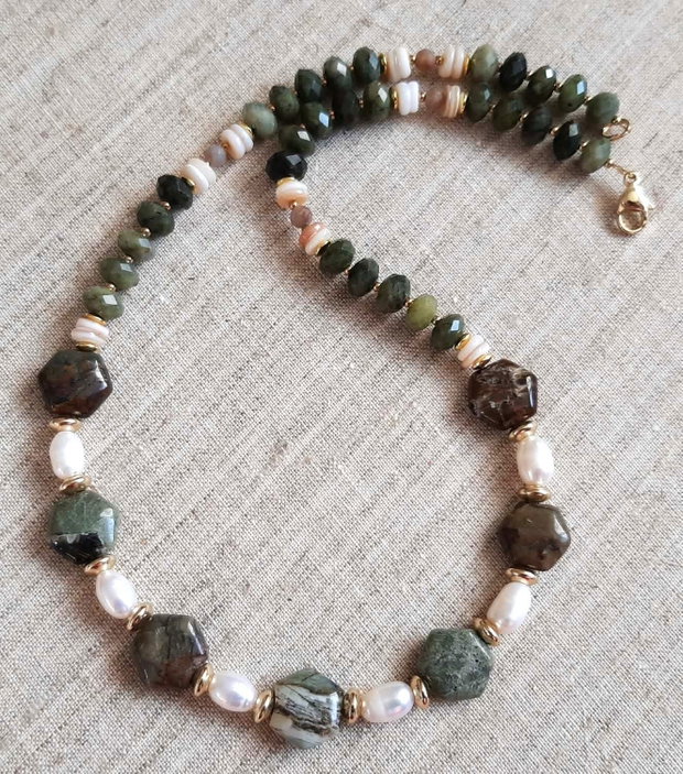 Colier Statement Forest Moss & Opal Opal hexagon, Jad verde și Perle de cultură