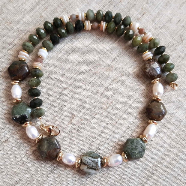 Colier Statement Forest Moss & Opal Opal hexagon, Jad verde și Perle de cultură