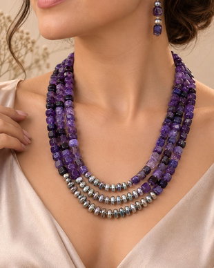 Set colier și cercei agate crackle,hematit,toho,inox~PURPLE STORY~
