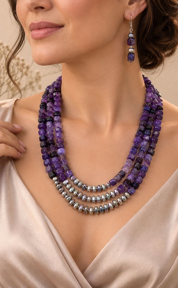 Set colier și cercei agate crackle,hematit,toho,inox~PURPLE STORY~