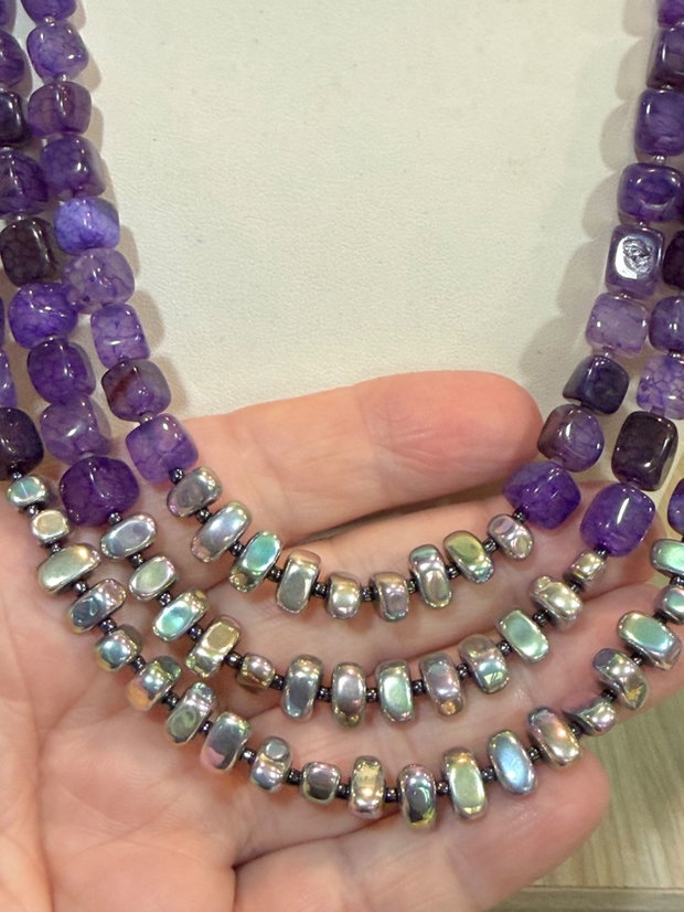 Set colier și cercei agate crackle,hematit,toho,inox~PURPLE STORY~