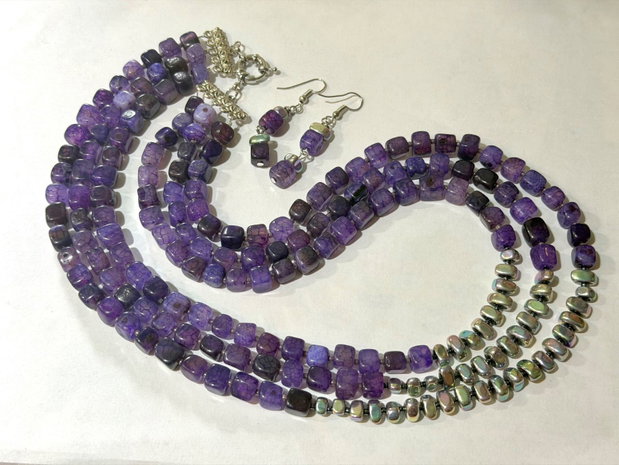 Set colier și cercei agate crackle,hematit,toho,inox~PURPLE STORY~