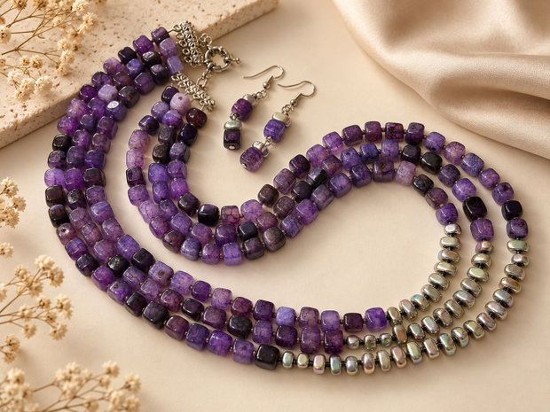 Set colier și cercei agate crackle,hematit,toho,inox~PURPLE STORY~