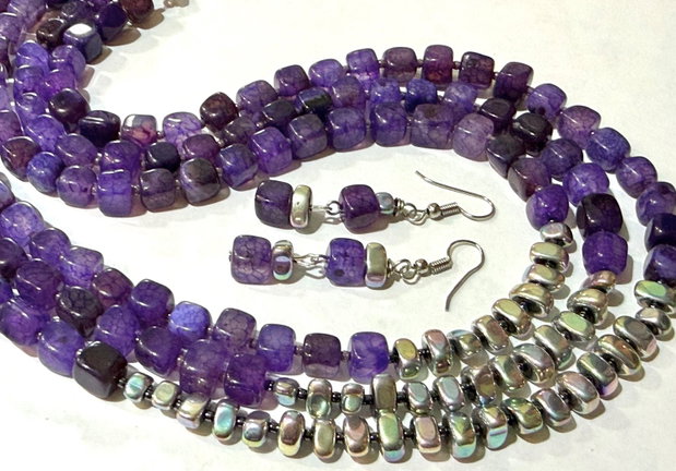 Set colier și cercei agate crackle,hematit,toho,inox~PURPLE STORY~