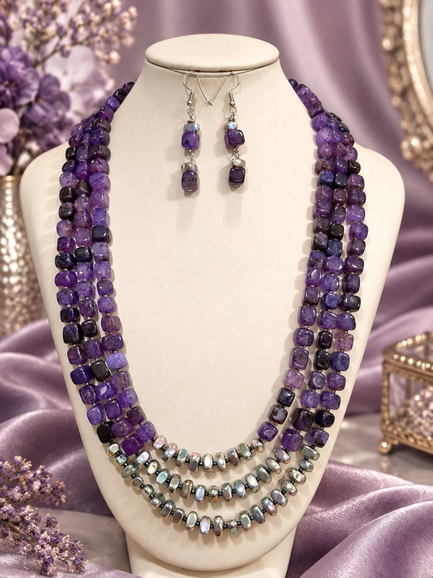 Set colier și cercei agate crackle,hematit,toho,inox~PURPLE STORY~