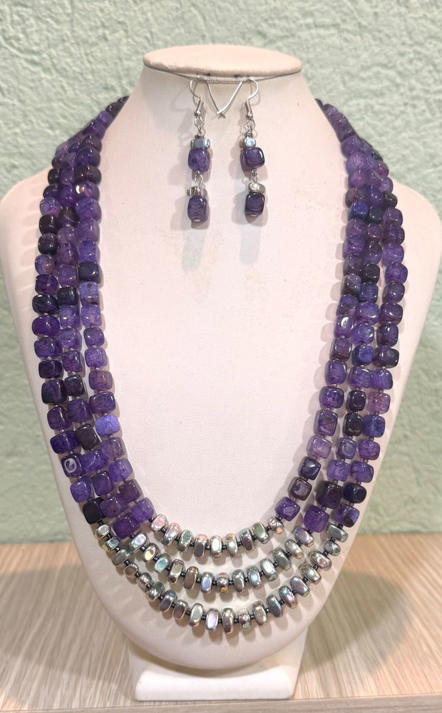 Set colier și cercei agate crackle,hematit,toho,inox~PURPLE STORY~
