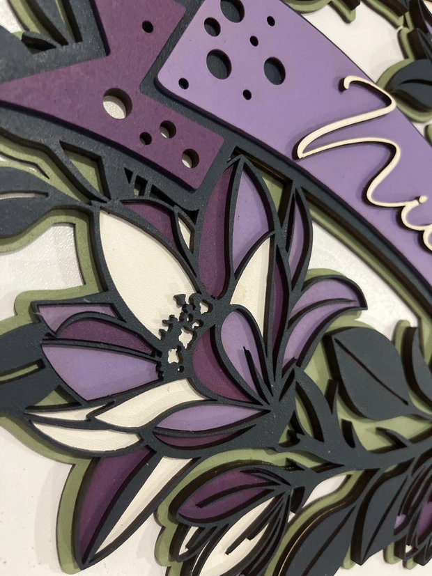 Decoratiune Perete Personalizata cu Nume, Tablou Feminin Floral 3D din Lemn/MDF Pictat Manual