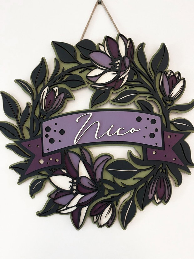 Decoratiune Perete Personalizata cu Nume, Tablou Feminin Floral 3D din Lemn/MDF Pictat Manual