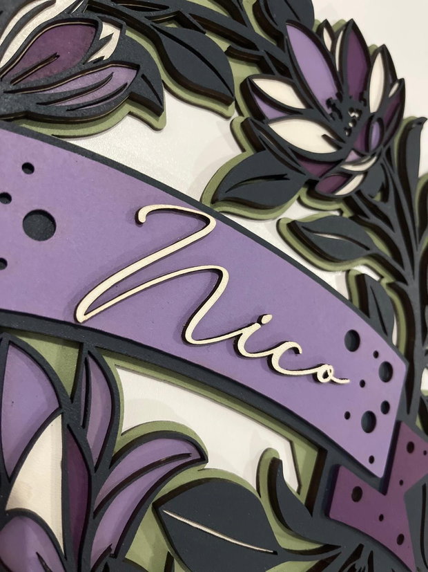 Decoratiune Perete Personalizata cu Nume, Tablou Feminin Floral 3D din Lemn/MDF Pictat Manual