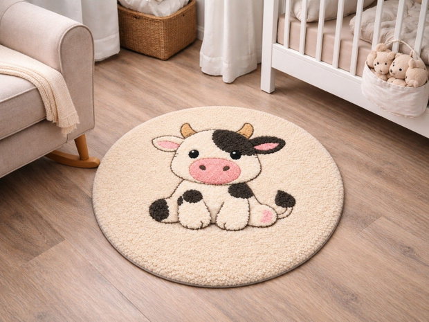Covor copii tuftat manual Văcuță 100% lână Ø60 cm