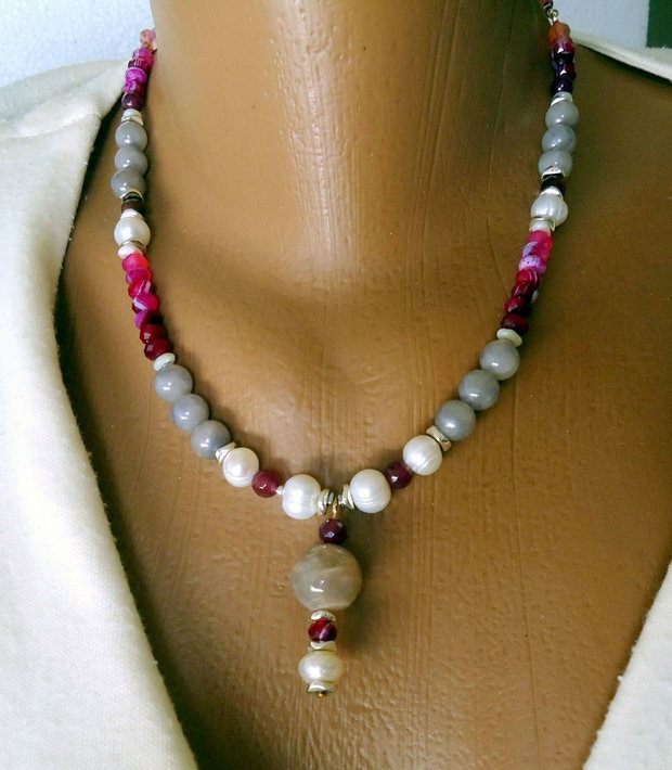 Promotie ! Colier statement cu perle naturale si moon stone