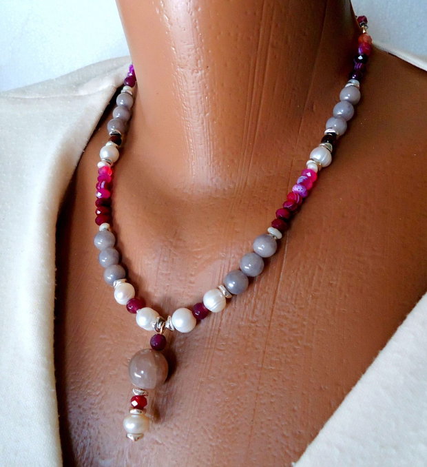 Promotie ! Colier statement cu perle naturale si moon stone