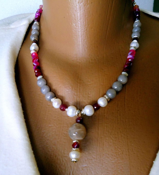 Promotie ! Colier statement cu perle naturale si moon stone