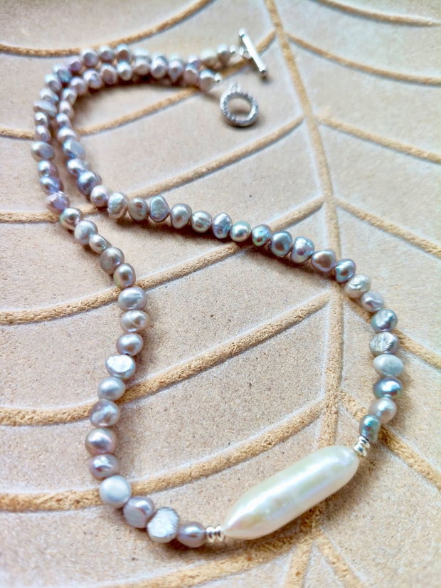 Colier CHOKER perle de cultura gri & perla Baroc alba