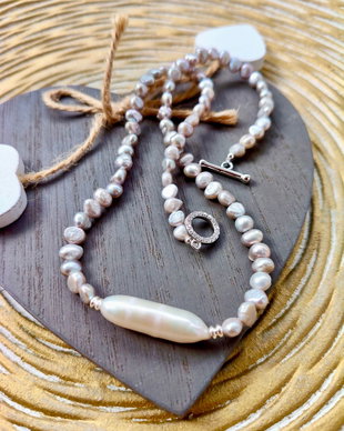 Colier CHOKER perle de cultura gri & perla Baroc alba