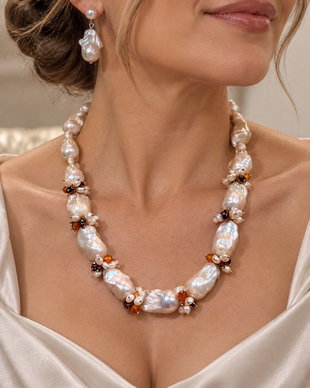 Set colier și cercei din perle baroc mari,perle cultura,agate,hematit,inox~WHITE  TEMPTATION~