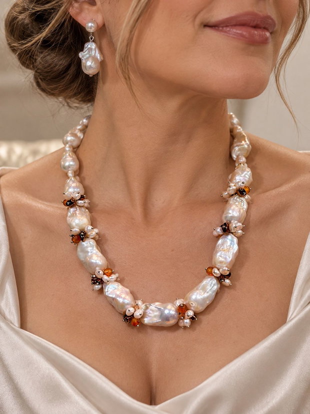 Set colier și cercei din perle baroc mari,perle cultura,agate,hematit,inox~WHITE TEMPTATION~