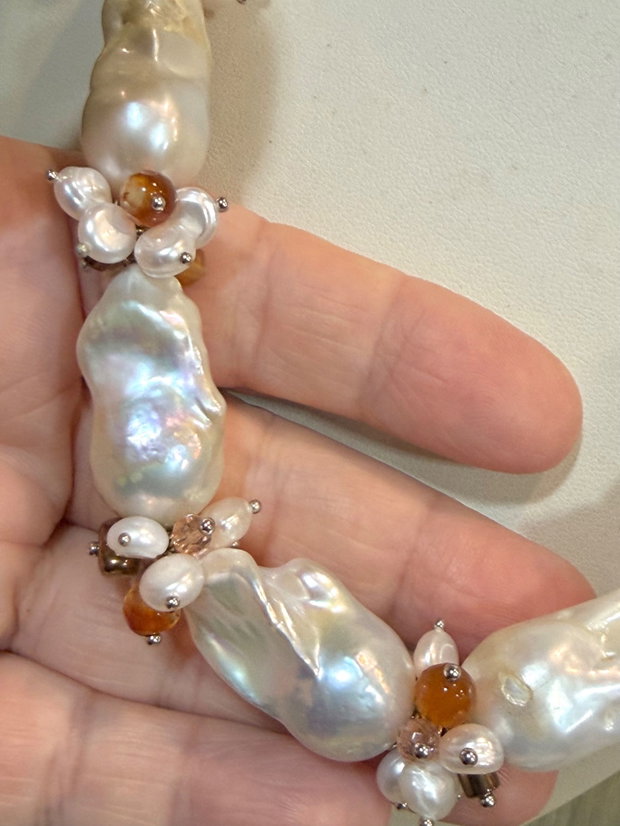 Set colier și cercei din perle baroc mari,perle cultura,agate,hematit,inox~WHITE TEMPTATION~