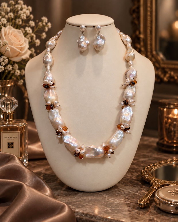 Set colier și cercei din perle baroc mari,perle cultura,agate,hematit,inox~WHITE TEMPTATION~