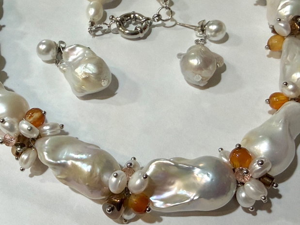 Set colier și cercei din perle baroc mari,perle cultura,agate,hematit,inox~WHITE TEMPTATION~