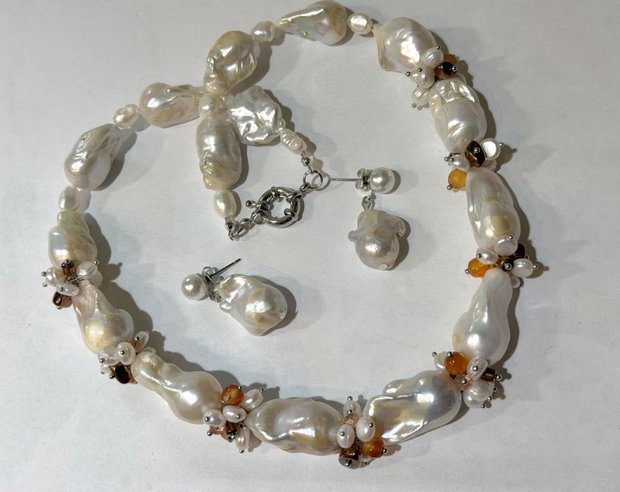 Set colier și cercei din perle baroc mari,perle cultura,agate,hematit,inox~WHITE TEMPTATION~