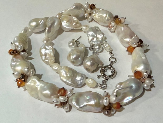 Set colier și cercei din perle baroc mari,perle cultura,agate,hematit,inox~WHITE TEMPTATION~