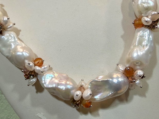 Set colier și cercei din perle baroc mari,perle cultura,agate,hematit,inox~WHITE TEMPTATION~