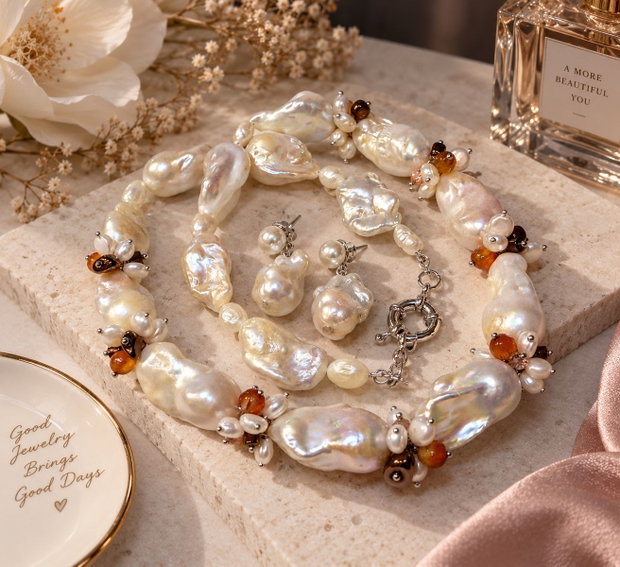 Set colier și cercei din perle baroc mari,perle cultura,agate,hematit,inox~WHITE TEMPTATION~