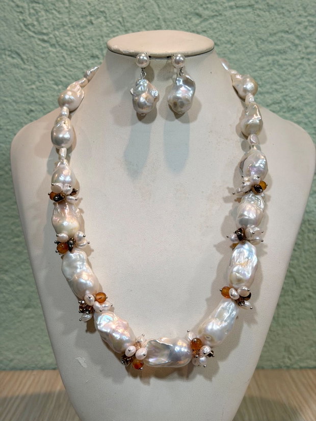 Set colier și cercei din perle baroc mari,perle cultura,agate,hematit,inox~WHITE TEMPTATION~