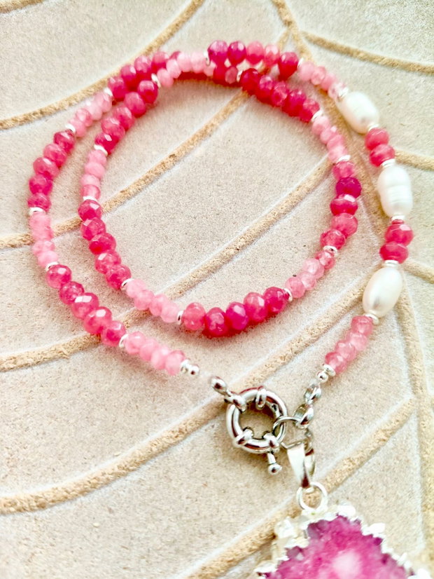 Colier cuart solar, agate roz & perle de cultura