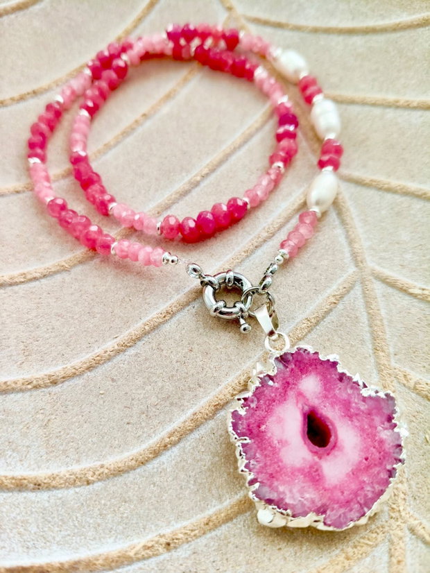 Colier cuart solar, agate roz & perle de cultura