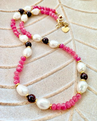 Colier CHOKER jad roz, granat & perle e cultura albe