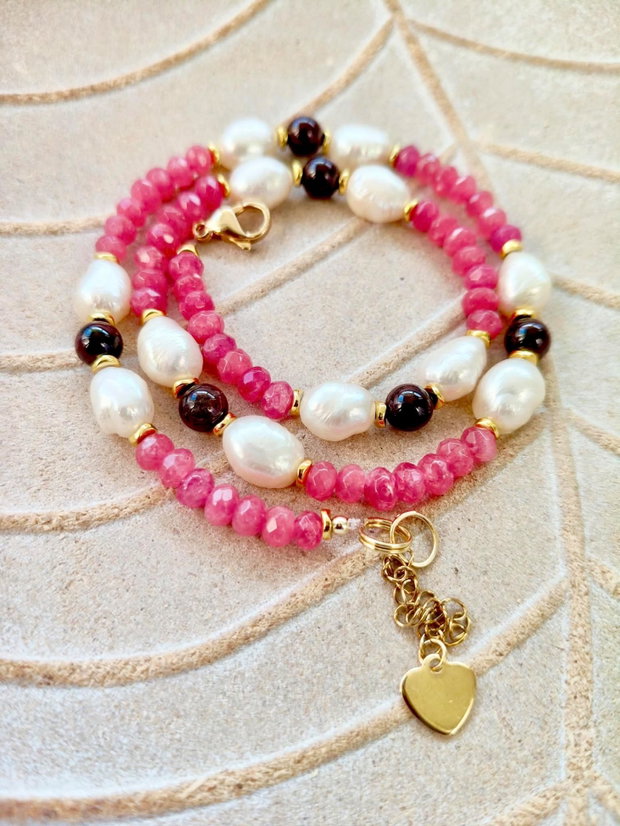 Colier CHOKER jad roz, granat & perle e cultura albe