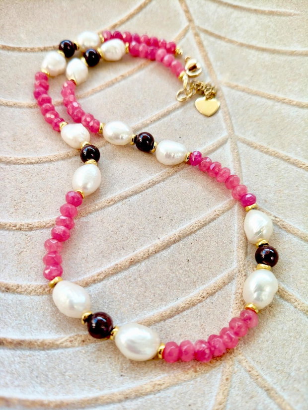 Colier CHOKER jad roz, granat & perle e cultura albe
