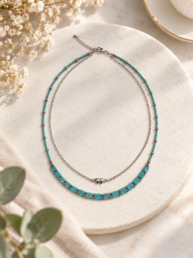 Colier dublu Turquoise Hearts