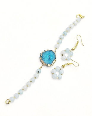 Set bratara si cercei cu agate albastre si accesorii aurii, unicat, 4704