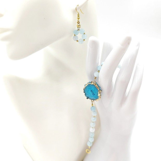 Set bratara si cercei cu agate albastre si accesorii aurii, unicat, 4704