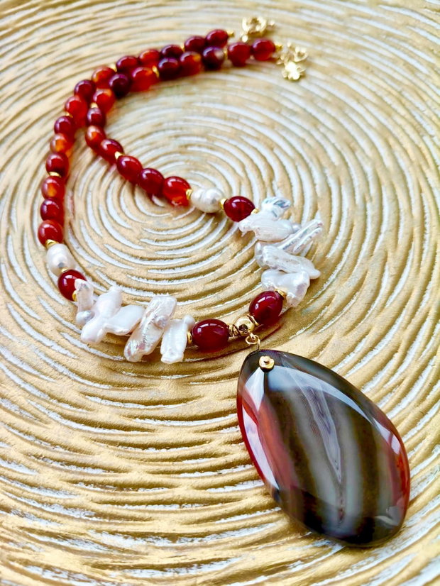 Colier agate de foc naturale & perle baroc Biwa naturale