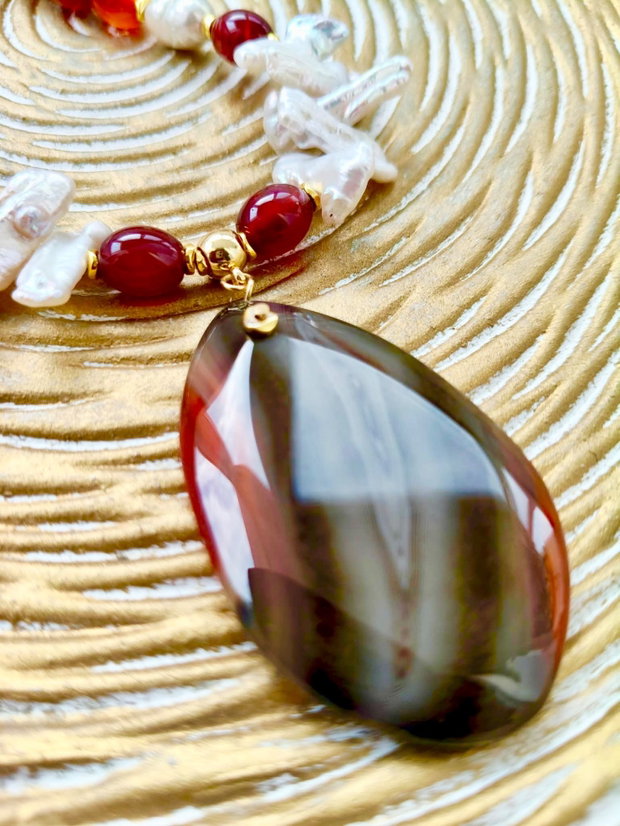 Colier agate de foc naturale & perle baroc Biwa naturale