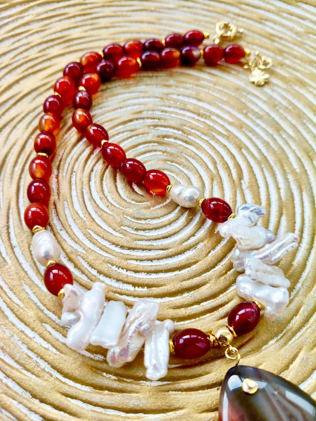 Colier agate de foc naturale & perle baroc Biwa naturale