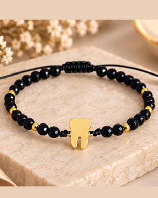 Brățară reglabilă cu onix simbol Măseluță / Dintisor Argint 925 suflat cu aur