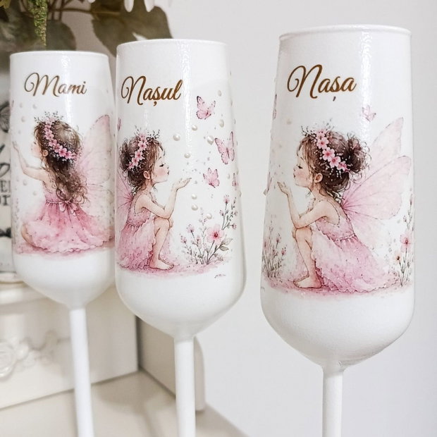 Pahare de botez personalizate cu zânuțe și fluturași