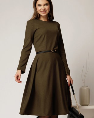 Rochie DY Fashion din tricot kaki cu curea subtire si fusta clos