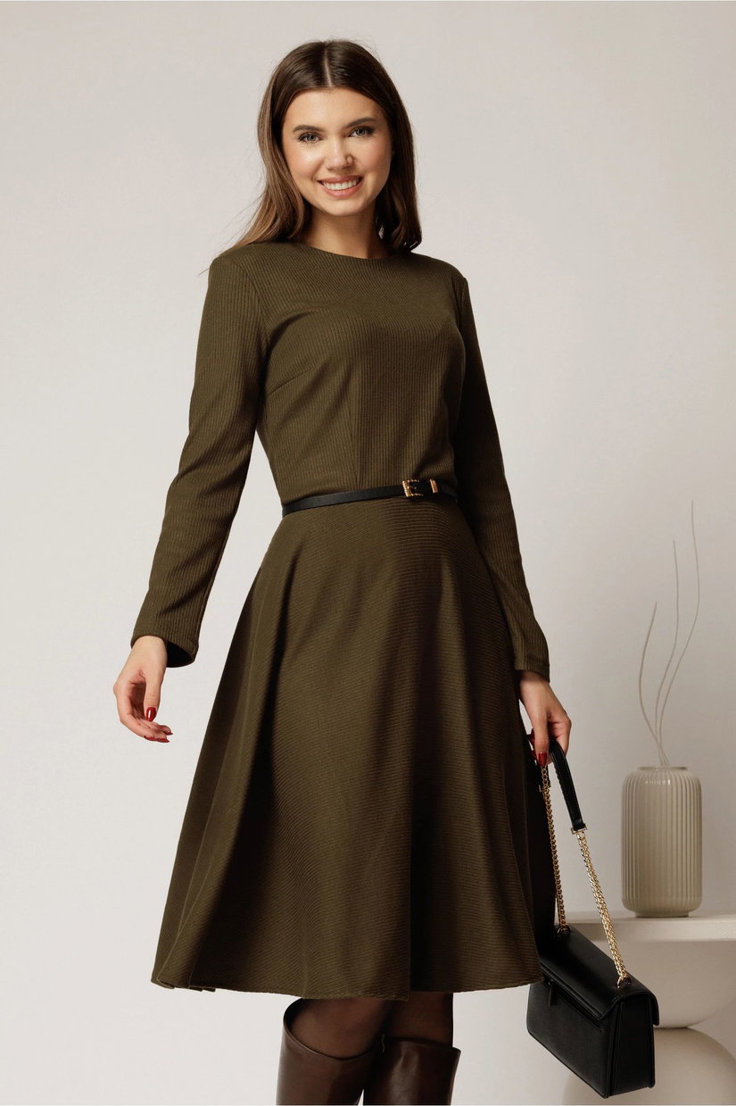 Rochie DY Fashion din tricot kaki cu curea subtire si fusta clos