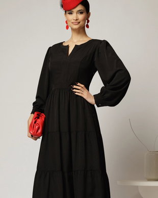 Rochie midi neagra cu volan la fusta si decolteu discret in V