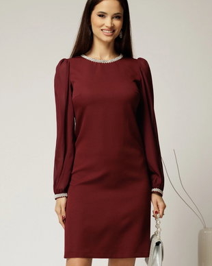 Rochie DY Fashion bordo eleganta cu maneci din voal si aplicatii la decolteu