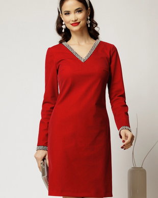 Rochie DY Fashion bordo din catifea fixa cu perle la decolteu si maneci