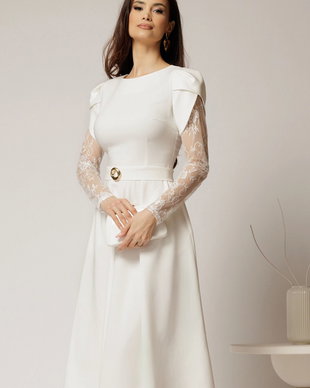 Rochie midi alba cu maneci din dantela si cordon detasabil